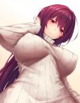  1girl bangs blush breasts eyebrows_visible_through_hair fate/grand_order fate_(series) from_below gradient gradient_background hair_between_eyes hair_tucking highres large_breasts long_hair long_sleeves looking_at_viewer lun7732 purple_hair red_eyes scathach_(fate)_(all) scathach_(fate/grand_order) simple_background smile solo sweater turtleneck turtleneck_sweater very_long_hair white_sweater 