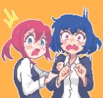  /\/\/\ 2girls blue_eyes blue_hair blush collared_shirt commentary english_commentary hcnone holding_another&#039;s_arm looking_at_viewer multiple_girls open_mouth orange_background original pixel_art red_eyes redhead scared shirt short_hair simple_background surprised sweatdrop upper_body wide-eyed 