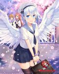  3girls angel_wings black_legwear black_neckwear black_skirt blue_eyes blush bracelet breasts briefcase brown_hair cherry_blossoms company_name cross day eyebrows_visible_through_hair falkyrie_no_monshou green_eyes hair_ornament hat holding_briefcase jewelry long_hair looking_at_another looking_at_viewer medium_breasts multiple_girls natsumekinoko necktie nervous_smile official_art open_mouth outdoors railing sailor_collar sailor_hat short_hair short_sleeves skirt smile thigh-highs tree uniform white_hair white_hat wings x_hair_ornament 