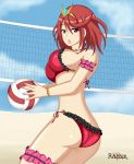 1girl absurdres arm_strap ass ball bangs bikini blush breasts butt_crack collar cute earrings eyebrows_visible_through_hair gem hair_ornament headpiece highres holding holding_ball jewelry large_breasts looking_at_viewer moe monolith_soft nintendo pyra_(xenoblade) raptorthekiller red_bikini red_eyes redhead ribbon short_hair solo summer swept_bangs swimsuit thigh_strap tiara volleyball volleyball_net xenoblade_(series) xenoblade_2 xenoblade_chronicles_2 