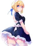  1girl alternate_costume apron artoria_pendragon_(all) ass back_cutout blue_eyes blue_ribbon blush braid breasts commentary_request cutout eyebrows_visible_through_hair fate/grand_order fate_(series) frills from_behind hair_ribbon highres looking_back maid maid_apron maid_dress maid_headdress medium_breasts ribbon shiromonefu simple_background solo thigh-highs white_background white_legwear 