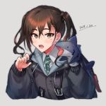  1girl :o backpack bag bangs black_jacket blush brown_eyes brown_hair dated hair_between_eyes hand_puppet hands_up idolmaster idolmaster_cinderella_girls jacket long_hair long_sleeves looking_at_viewer mole mole_under_eye necktie nishise_suname open_mouth puppet shark_puppet sharp_teeth simple_background solo sunazuka_akira teeth twintails upper_body white_background 