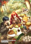  1boy 2girls alcohol apron artist_name basket beer black_hair brown_jacket cabbage cherry_tomato closed_eyes copyright_request cravat day dutch_angle eating egg fairy food food_request forest fork fox hair_between_eyes hood hood_down jacket long_sleeves meat mito_itsuki multiple_girls nature official_art open_mouth outdoors red_eyes redhead sitting soy_sauce spoon stool tablecloth tree tree_stump 