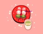  artist_name cup dango food highres meyoco no_humans original petals pink_background rabbit simple_background skewer sparkle wagashi 