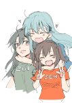  3girls :d aqua_hair blue_shirt blush_stickers breasts brown_hair cleavage double_v green_shirt hair_ornament headlock heart highres hug kantai_collection long_hair looking_at_viewer multiple_girls open_mouth orange_shirt sanpachishiki_(gyokusai-jima) sendai_(kantai_collection) shirt simple_background smile suzuya_(kantai_collection) t-shirt twintails two_side_up upper_body v white_background zuikaku_(kantai_collection) |d 