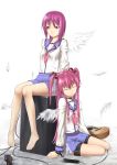  2girls angel_beats! bare_legs barefoot closed_eyes closed_mouth eyebrows_visible_through_hair feathered_wings feathers feet guitar hair_ornament highres instrument iwasawa key_(company) long_hair long_sleeves microphone multiple_girls open_eyes open_mouth pink_hair purple_hair school_uniform shirt short_hair simple_background skirt sleeping sleeves_rolled_up speaker toes touko_(kira2yue) twintails violet_eyes white_background wings wire yui_(angel_beats!) 