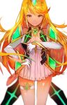  1girl absurdres armor bangs blonde_hair blush breasts cleavage dress earrings gem gloves hair_ornament headpiece highres mythra_(xenoblade) jewelry large_breasts long_hair looking_at_viewer nintendo simple_background smile solo swept_bangs tarbo_(exxxpiation) tiara white_background xenoblade_(series) xenoblade_2 yellow_eyes 