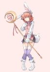  1girl alternate_costume animal_ears boots bunny_tail curly_hair easter_egg egg fake_animal_ears fake_tail fire_emblem fire_emblem_echoes:_mou_hitori_no_eiyuuou fire_emblem_heroes flower full_body gloves gradient gradient_background hair_flower hair_ornament hairband highres holding holding_staff jenny_(fire_emblem) long_sleeves nintendo parted_lips pink_background pink_eyes pink_hair rabbit_ears simple_background solo staff standing tail thigh-highs white_gloves zyuno0 
