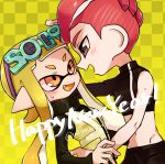 1boy 1girl :d agent_8 black_eyes blonde_hair checkered checkered_background domino_mask eyewear_on_head fangs happy_new_year hetero inkling long_hair long_sleeves looking_at_another mask miyashiro mohawk navel new_year octarian octoling open_mouth orange_eyes pixiv_username pointy_ears redhead short_hair single_sleeve smile splatoon splatoon_(series) splatoon_2 splatoon_2:_octo_expansion squidbeak_splatoon tentacle_hair twitter_username vest yellow_tongue yellow_vest