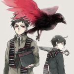  2boys ahoge asuna_(doruru-mon) beak bird birdmen black_hair black_hat black_neckwear black_wings brown_background character_request closed_mouth hat highres holding holding_umbrella looking_back multicolored multicolored_wings multiple_boys necktie red_eyes red_wings scarf simple_background spiky_hair standing striped striped_scarf talons top_hat umbrella wings 