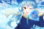  1girl 1other ;d absurdres androgynous artist_name blue_hair blue_sky blush brown_eyes clouds day fur_trim hand_up highres huge_filesize long_hair long_sleeves looking_at_viewer one_eye_closed open_mouth outdoors rimuru_tempest sky slime smile tensei_shitara_slime_datta_ken upper_body xereane 