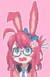  1girl ahoge anger_vein angry animal_ears blue-framed_eyewear borrowed_character bow glasses green_eyes hair_bow hcnone headphones headphones_around_neck highres long_hair looking_at_viewer necktie open_mouth original pink_background pixel_art rabbit_ears redhead simple_background solo upper_body v-shaped_eyebrows 