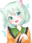  1girl :d animal_ear_fluff animal_ears bangs blush breasts cat_ears collared_shirt commentary_request eringi_(rmrafrn) eyebrows_visible_through_hair fang frilled_shirt_collar frills green_eyes green_hair hair_between_eyes hand_up head_tilt heart heart-shaped_pupils kemonomimi_mode komeiji_koishi long_sleeves looking_at_viewer open_mouth orange_shirt shirt simple_background small_breasts smile solo symbol-shaped_pupils touhou translated upper_body white_background 