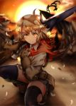  belt blush boots collared_shirt denim denim_shorts gloves gun huge_weapon jacket kneeling light_brown_eyes light_brown_hair looking_at_viewer rifle ruins scarf senki_zesshou_symphogear serious shirt shorts sun sunset tachibana_hibiki_(symphogear) thigh-highs torn_clothes weapon 