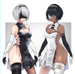  2girls alternate_color black_gloves black_hair black_hairband black_legwear blindfold boots breasts china_dress chinese_clothes cleavage cleavage_cutout covered_eyes covered_navel cowboy_shot dark_skin dress dual_persona elbow_gloves female gloves grey_hair hairband medium_breasts mellow_rag mole mole_under_mouth multiple_girls nier_(series) nier_automata short_hair simple_background soul_calibur soulcalibur_vi standing symmetry thigh-highs thigh_boots thighhighs_under_boots very_dark_skin white_gloves white_hairband white_legwear yorha_no._2_type_b 