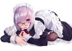  1girl alternate_costume apron blush commentary_request eyebrows_visible_through_hair fate/grand_order fate_(series) glasses hair_ornament hair_over_one_eye lavender_hair long_sleeves looking_at_viewer lying maid_apron maid_dress maid_headdress mash_kyrielight purple_hair red_neckwear red_ribbon ribbon shiromonefu short_hair simple_background solo violet_eyes white_background 