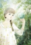  1girl blue_eyes braid brown_hair bubble day dress floral_print forest long_hair nature original outdoors solo standing sunlight tree upper_body white_dress ye_yuan_(hangzhou) 