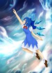 1-05 1girl absurdres blue_dress blue_eyes blue_hair blue_sky bow bowtie breasts brown_footwear cirno clouds commentary_request dress flying folded_leg from_side full_body gem hair_bow highres loafers looking_to_the_side looking_up medium_breasts open_mouth outstretched_arm pinafore_dress profile puffy_short_sleeves puffy_sleeves reaching red_neckwear shirt shoes short_sleeves sky solo thick_eyebrows touhou white_legwear white_shirt wings 