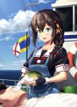  1boy 1girl admiral_(kantai_collection) ahoge animal bangs black_gloves black_serafuku blue_eyes blue_sky blush boat braid breasts brown_hair bucket clouds commentary_request day drinking fingerless_gloves fish fish_spitting_water flag gloves hair_between_eyes hair_flaps hair_ornament hair_over_shoulder hair_ribbon hat highres holding holding_animal holding_fish ichikawa_feesu kantai_collection lifebuoy long_hair lying medium_breasts military military_uniform naval_uniform neckerchief on_back open_mouth outdoors overalls peaked_cap puffer_fish red_neckwear remodel_(kantai_collection) ribbon school_uniform serafuku shigure_(kantai_collection) sidelocks signal_flag single_braid sky sleeve_cuffs smile uniform water watercraft what 