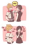  1boy 1girl 2koma black_hair blonde_hair blue_eyes blush comic english_text hand_in_pocket hand_on_shoulder kingdom_hearts kingdom_hearts_iii laughing parody roxas short_hair spider-man:_into_the_spider-verse spiky_hair uketamawawryyyy xion_(kingdom_hearts) 