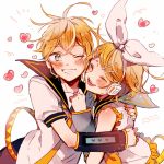  1boy 1girl ;) ^_^ belt blonde_hair blue_eyes blush brother_and_sister clenched_teeth closed_eyes closed_eyes detached_sleeves eyebrows_visible_through_hair frilled_sleeves frills hair_ornament hair_ribbon hairclip headset heart hug kagamine_len kagamine_rin looking_at_another makoji_(yomogi) one_eye_closed open_mouth puffy_short_sleeves puffy_sleeves ribbon sailor_collar shirt short_hair short_sleeves siblings simple_background smile teeth twins upper_body vocaloid white_background white_ribbon white_shirt 