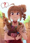  1girl ? ahoge blush brown_hair closed_mouth collarbone drill_hair eyebrows_visible_through_hair food food_request holding holding_food idolmaster idolmaster_million_live! idolmaster_million_live!_theater_days kamille_(vcx68) looking_at_viewer puffy_short_sleeves puffy_sleeves red_skirt short_hair short_sleeves side_drill skirt smile solo speech_bubble spoken_question_mark violet_eyes yokoyama_nao 