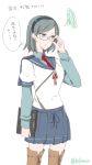  1girl :t adjusting_eyewear alternate_costume black_headband cosplay green_eyes green_hair hollomaru kantai_collection kirishima_(kantai_collection) long_sleeves notebook ooyodo_(kantai_collection) ooyodo_(kantai_collection)_(cosplay) school_uniform serafuku short_hair short_sleeves skirt solo squiggle sweater_vest thigh-highs translation_request twitter_username white_background 