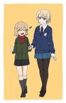  2girls :d bangs black_footwear black_legwear black_neckwear black_skirt blonde_hair blue_eyes blue_skirt blue_sweater braid closed_eyes commentary darjeeling dress_shirt eighth_note emblem eyebrows_visible_through_hair fang girls_und_panzer green_jacket grin half-closed_eyes hand_holding jacket katyusha light_blush loafers long_sleeves looking_at_another miniskirt multiple_girls musical_note necktie open_mouth pantyhose pleated_skirt red_shirt school_uniform shirt shoes short_hair skirt smile socks st._gloriana&#039;s_(emblem) st._gloriana&#039;s_school_uniform standing sweater tied_hair torinone turtleneck v-neck white_shirt wing_collar yellow_bikini_bottom 