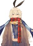  1girl blonde_hair blue_scarf blue_skirt brown_coat check_commentary coat commentary_request crop_top enpera hair_between_eyes highres ichiroku_(sakumogu-029) kantai_collection long_hair long_sleeves looking_at_viewer multiple_scarfs open_clothes open_coat plaid plaid_scarf pleated_skirt red_scarf scarf school_uniform serafuku shimakaze_(kancolle) simple_background skirt solo violet_eyes white_background yellow_scarf 