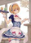  1girl alternate_costume apron bangs blonde_hair blue_bow blush bow breasts buttons collarbone commentary_request cowboy_shot cup dress drink drinking_glass enmaided eyebrows_visible_through_hair frills glass hair_between_eyes holding holding_tray idolmaster idolmaster_shiny_colors indoors leaf looking_at_viewer maid maid_apron maid_headdress necktie oonaka_ito open_mouth pink_bow pink_neckwear puffy_short_sleeves puffy_sleeves ribbon saijou_juri short_hair short_sleeves small_breasts solo standing thigh-highs tray tree violet_eyes waist_apron white_legwear wrist_cuffs 
