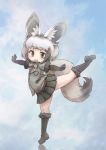  1girl :3 animal_ears balancing bat-eared_fox_(kemono_friends) black_hair bow bowtie commentary_request elbow_gloves eyebrows_visible_through_hair fox_ears fox_tail full_body fur_trim gloves green_eyes grey_hair highres jacket kemono_friends kolshica loafers multicolored_hair open_mouth pleated_skirt shoes short_hair short_sleeves skirt socks solo standing standing_on_one_leg tail 