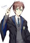  1boy black_cape blue_neckwear brown_hair cape character_name eyebrows_visible_through_hair green_eyes grey_sweater hair_between_eyes holding holding_wand long_sleeves looking_at_viewer male_focus necktie rena_(renasight) simple_background smile solo striped striped_neckwear sweater takigawa_yoshino wand white_background zetsuen_no_tempest 