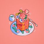  artist_name cup flower food fork heart highres honey leaf meyoco no_humans original petals pink_background pink_flower plant plate simple_background sparkle toast white_flower 