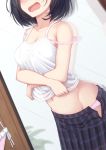  1girl absurdres bare_arms bare_shoulders black_hair blush bra breasts collarbone commentary_request head_out_of_frame highres large_breasts long_skirt navel ochiai_miyabi open_mouth original panties pink_bra pleated_skirt shirt shirt_pull short_hair skirt solo standing underwear white_panties white_shirt 