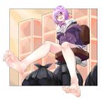  1girl bare_legs barefoot chair collared_shirt eiji_(eiji) eyebrows_visible_through_hair feet hair_between_eyes jacket lavender_hair looking_at_viewer open_mouth pov_feet purple_jacket shinjou_akane shirt sitting smile soles solo ssss.gridman toenails toes white_cardigan white_shirt 