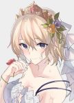  1girl bare_shoulders blonde_hair blue_eyes breasts collarbone dress europa_(granblue_fantasy) flower granblue_fantasy grbi hair_between_eyes hair_flower hair_ornament looking_at_viewer short_hair smile solo tiara white_dress 
