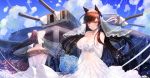  2girls animal_ears atago_(azur_lane) azur_lane bangs bare_shoulders black_hair blue_flower blue_sky blush bouquet breasts bridal_veil brown_eyes cannon catbii choker closed_mouth clouds dress elbow_gloves extra_ears eyebrows_visible_through_hair floating_hair flower glint gloves holding holding_bouquet jewelry large_breasts long_hair looking_at_viewer mole mole_under_eye multiple_girls rigging ring sky smile strapless strapless_dress swept_bangs takao_(azur_lane) tiara turret twitter_username veil wedding_dress wedding_ring white_dress white_gloves wind 