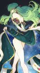  1girl back bare_shoulders black_bow bow c.c. code_geass creayus detached_sleeves dress dress_lift eyebrows_visible_through_hair green_hair hair_ornament lifted_by_self long_hair looking_at_viewer simple_background solo space thigh-highs white_legwear yellow_eyes 