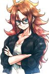  1girl android_21 black-framed_eyewear black_jacket blue_eyes breasts brown_hair cleavage closed_mouth collarbone commentary_request crossed_arms curly_hair dragon_ball dragon_ball_fighterz earrings glasses hoop_earrings jacket jewelry long_hair looking_at_viewer medium_breasts nail_polish red_nails shirt smile solo st62svnexilf2p9 upper_body very_long_hair white_shirt 