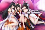  3girls absurdres apsara_(elsword) ara_han armpits bed blush bound bound_wrists breasts cleavage elsword eyebrows_visible_through_hair flower frown goldred-cheng grin hair_flower hair_ornament hairpin heterochromia highres long_hair multicolored_hair multiple_girls shiva_(elsword) smile thighs two-tone_hair very_long_hair yama_raja_(elsword) 