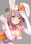  1girl animal_ears bare_shoulders blue_eyes blush breasts bunny_girl bunnysuit cleavage dress elbow_gloves ep_(emio_parn) eyebrows_visible_through_hair gloves grey_background hair_ornament hat highres large_breasts light_brown_hair looking_at_viewer mini_hat orange_hat original pink_neckwear pink_ribbon rabbit_ears ribbon short_hair simple_background sleeveless solo wavy_mouth white_gloves white_ribbon 