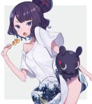  1girl alternate_costume bangs bare_arms bare_shoulders black_hair blue_eyes blush breasts commentary_request dot_nose eyebrows_visible_through_hair fate/grand_order fate_(series) food hair_ornament hairclip holding holding_food katsushika_hokusai_(fate/grand_order) looking_at_viewer medium_breasts octopus shirt short_hair simple_background solo totatokeke white_shirt 