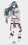  1girl absurdres angry arm_cutout belt buckle clenched_hand collar frown green_hair grey_background highres holding long_hair looking_at_viewer miniskirt navel original shoes simple_background skirt sneakers straitjacket taiga_(ryukyu-6102-8) thigh_strap yellow_eyes 