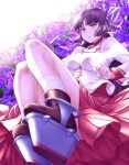 1girl :o bangs bare_legs black_footwear black_hair breasts brown_eyes character_request commentary_request copyright_request dress flower full_body hair_ribbon long_hair long_sleeves looking_at_viewer makumaxu medium_breasts purple_flower ribbon shirt skirt socks solo white_ribbon 