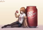  1girl absurdres akawoud belt black_legwear black_shorts blue_eyes brown_hair can dr_pepper full_body highres jacket legwear_under_shorts long_hair makise_kurisu necktie pantyhose red_neckwear shirt short_shorts shorts simple_background sitting soda_can solo steins;gate twitter_username white_shirt 