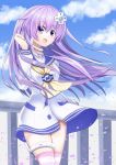  1girl blue_sky blush choker clouds cloudy_sky commentary_request cowboy_shot d-pad d-pad_hair_ornament day dress hair_ornament happy highres long_hair naoya12580118 neckerchief nepgear neptune_(series) outdoors petals purple_hair sailor_dress sky solo striped striped_legwear thigh-highs very_long_hair violet_eyes white_choker wind wind_lift yellow_neckwear 