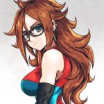  1girl android_21 black-framed_eyewear blue_eyes breasts brown_hair checkered checkered_dress closed_mouth commentary_request curly_hair detached_sleeves dragon_ball dragon_ball_fighterz dress earrings glasses hoop_earrings jewelry long_hair looking_at_viewer looking_back lowres medium_breasts portrait simple_background sleeveless sleeveless_dress smile solo st62svnexilf2p9 two-tone_dress upper_body very_long_hair 