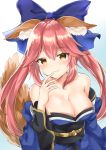 1girl absurdres animal_ear_fluff animal_ears barefoot blue_kimono blue_ribbon breasts cleavage detached_sleeves ears_down eyebrows_visible_through_hair fate/extra fate/grand_order fate_(series) fox_ears fox_girl fox_tail gradient gradient_background hair_ribbon highres huge_filesize japanese_clothes kimono konritu0821 large_breasts looking_at_viewer pink_hair ribbon solo tail tamamo_(fate)_(all) tamamo_no_mae_(fate) tears yellow_eyes 