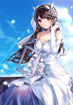  1girl ara_han bare_shoulders blue_sky blush breasts brick_wall bridal_veil brown_eyes brown_hair choker cleavage closed_mouth clouds cloudy_sky collarbone commentary day dress elbow_gloves elsword english_commentary eyebrows_visible_through_hair flower frame gloves hair_flower hair_ornament hand_up highres holding jewelry large_breasts long_hair looking_at_viewer necklace outdoors pendant picture_frame sitting sky smile solo strapless strapless_dress veil very_long_hair wedding_dress white_choker white_dress white_flower white_gloves xes_(xes_5377) yellow_eyes 
