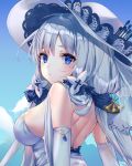  1girl azur_lane back bare_shoulders blue_eyes blue_sky blush breasts closed_mouth clouds day dress elbow_gloves eyelashes from_side gloves hair_ribbon hat highres illustrious_(azur_lane) kinty large_breasts long_hair looking_at_viewer looking_back mole mole_under_eye outdoors ribbon sapphire_(gemstone) shoulder_blades silver_hair sky sleeveless sleeveless_dress solo strapless strapless_dress sun_hat tress_ribbon upper_body white_dress white_gloves white_headwear 